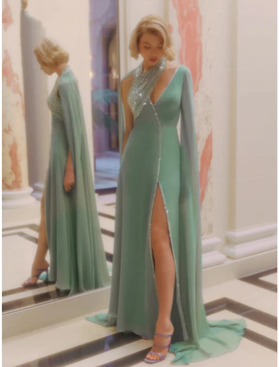 A-Linie Abendkleid Elegantes Kleid Formelle Hofschleppe Ärmellos V-Ausschnitt Pailletten mit Glitzer Falten Schlitz